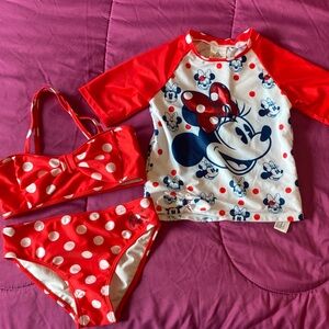 Disney Red and White Minnie Mouse Kids 3-piece Swim Set Girls Size 7/8